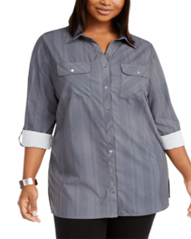 Front of a model wearing a size 1X NY Collection Women's Plus Striped Utility Shirt Blue Size 1X in Blue by NY Collection. | dia_product_style_image_id:313916